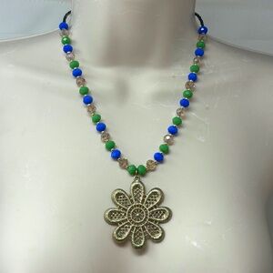 Handmade Beaded Necklace Opaque Blue Green Glass Beads Gold Tone Flower Pendant
